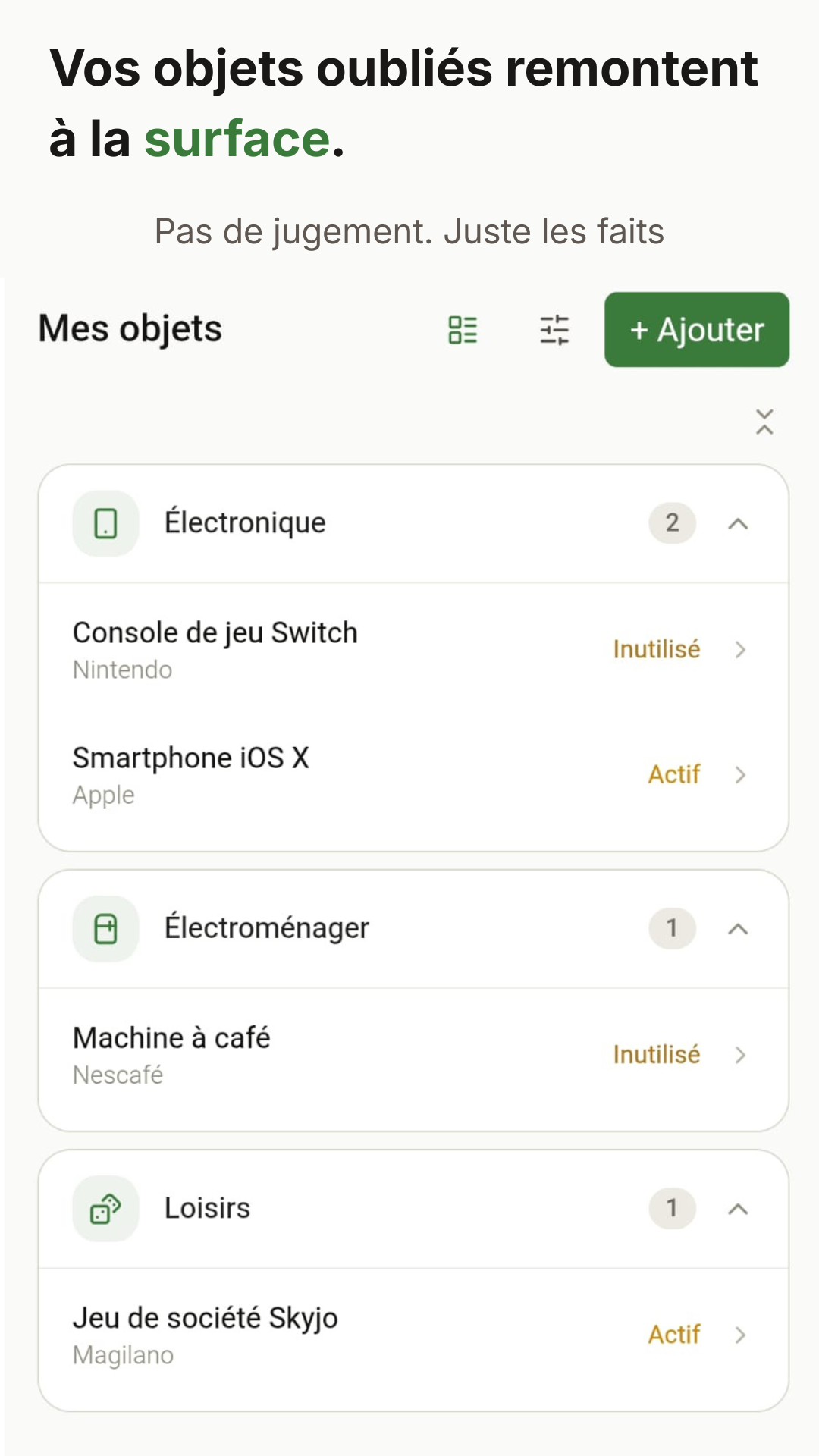 Liste des objets avec badges Inutilisé