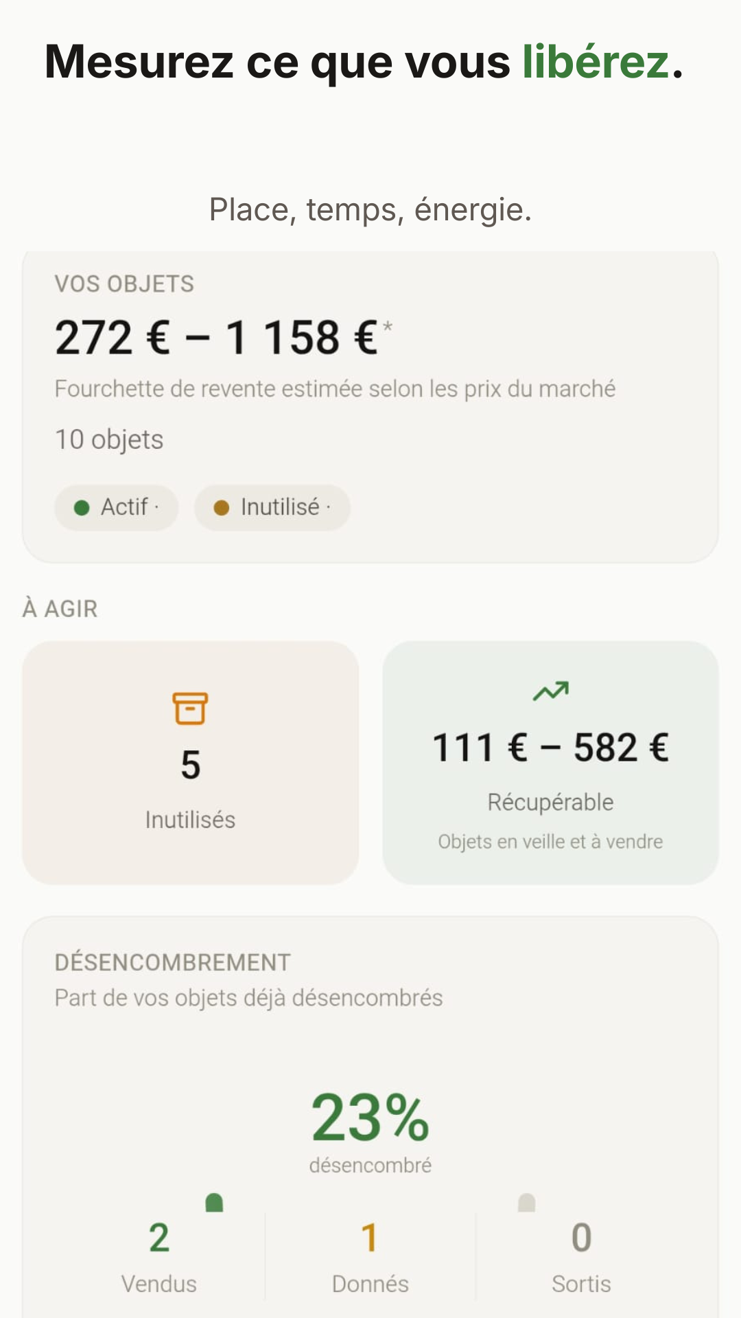 Tableau de bord avec progression de désencombrement
