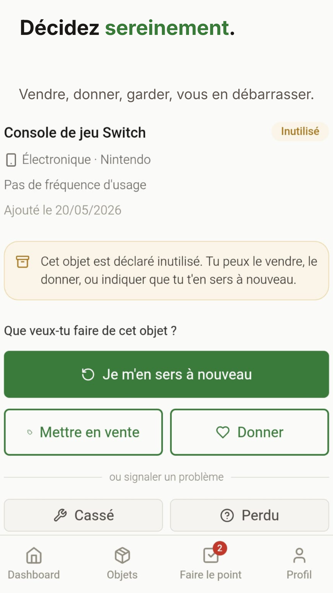 Page de décision avec quatre actions