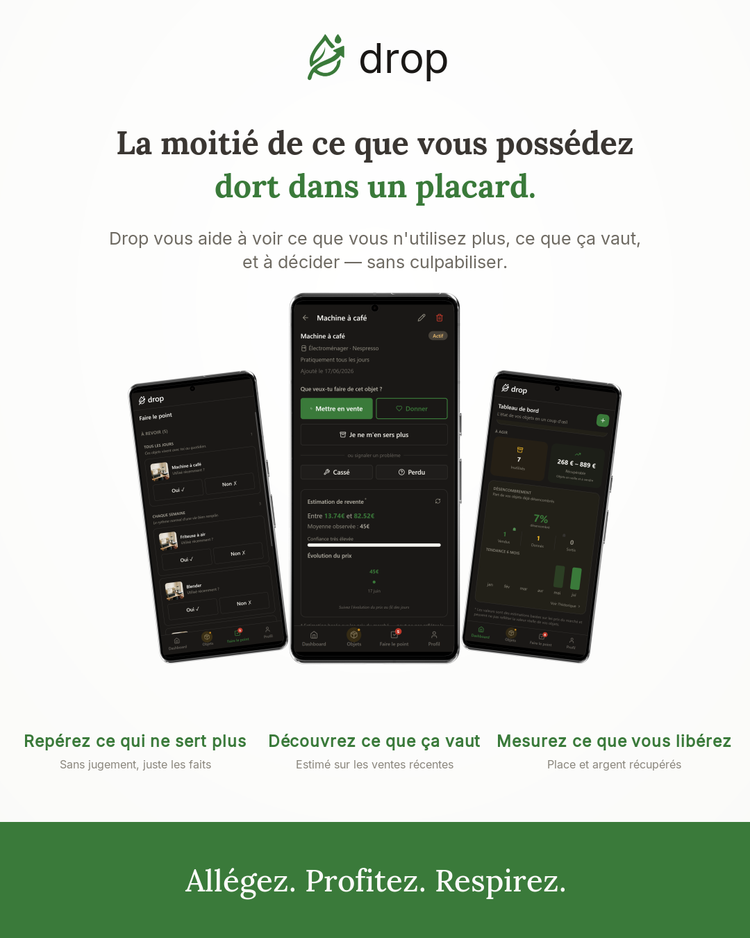 La moitié de ce que vous possédez dort dans un placard. Drop vous aide à voir, estimer et décider