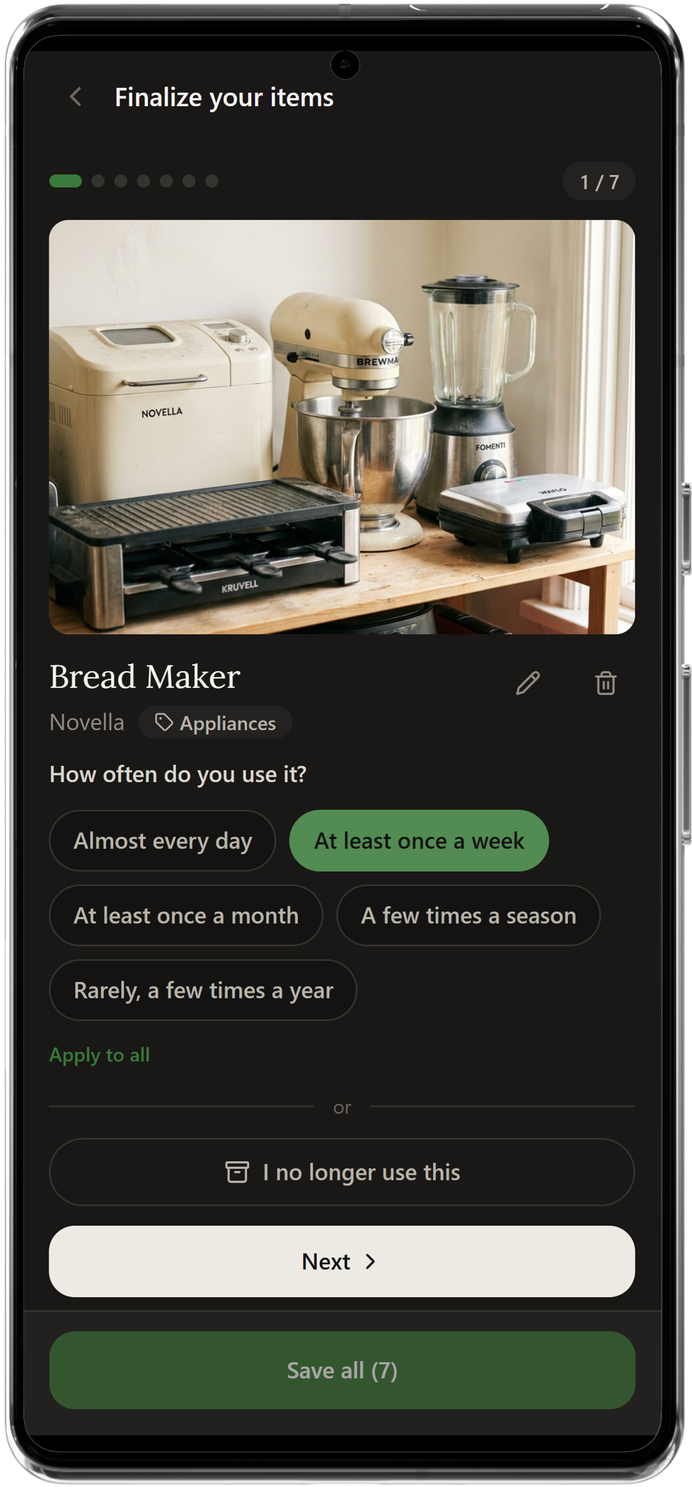 Add item screen with category and usage frequency