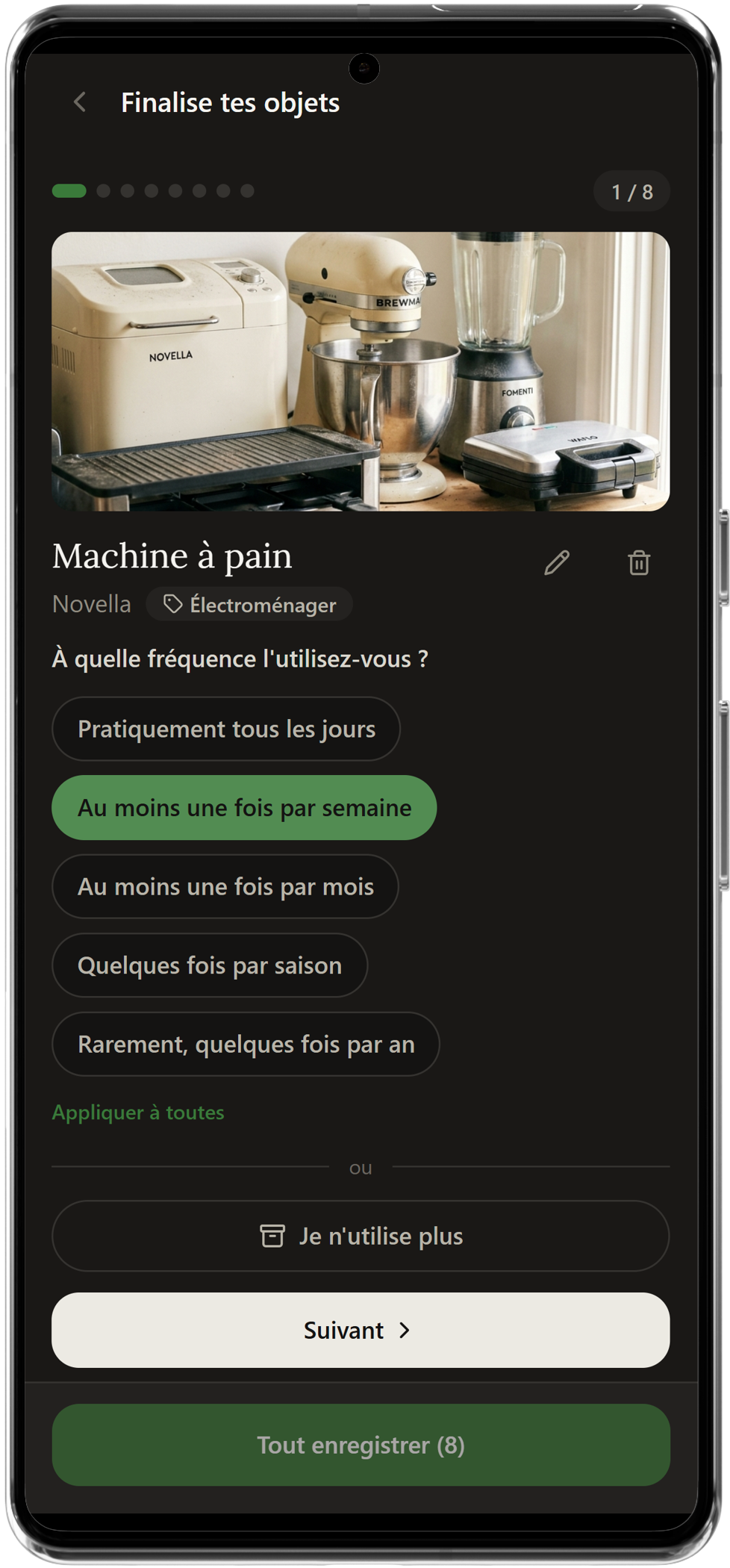 Écran d'ajout d'un objet avec catégorie et fréquence d'usage