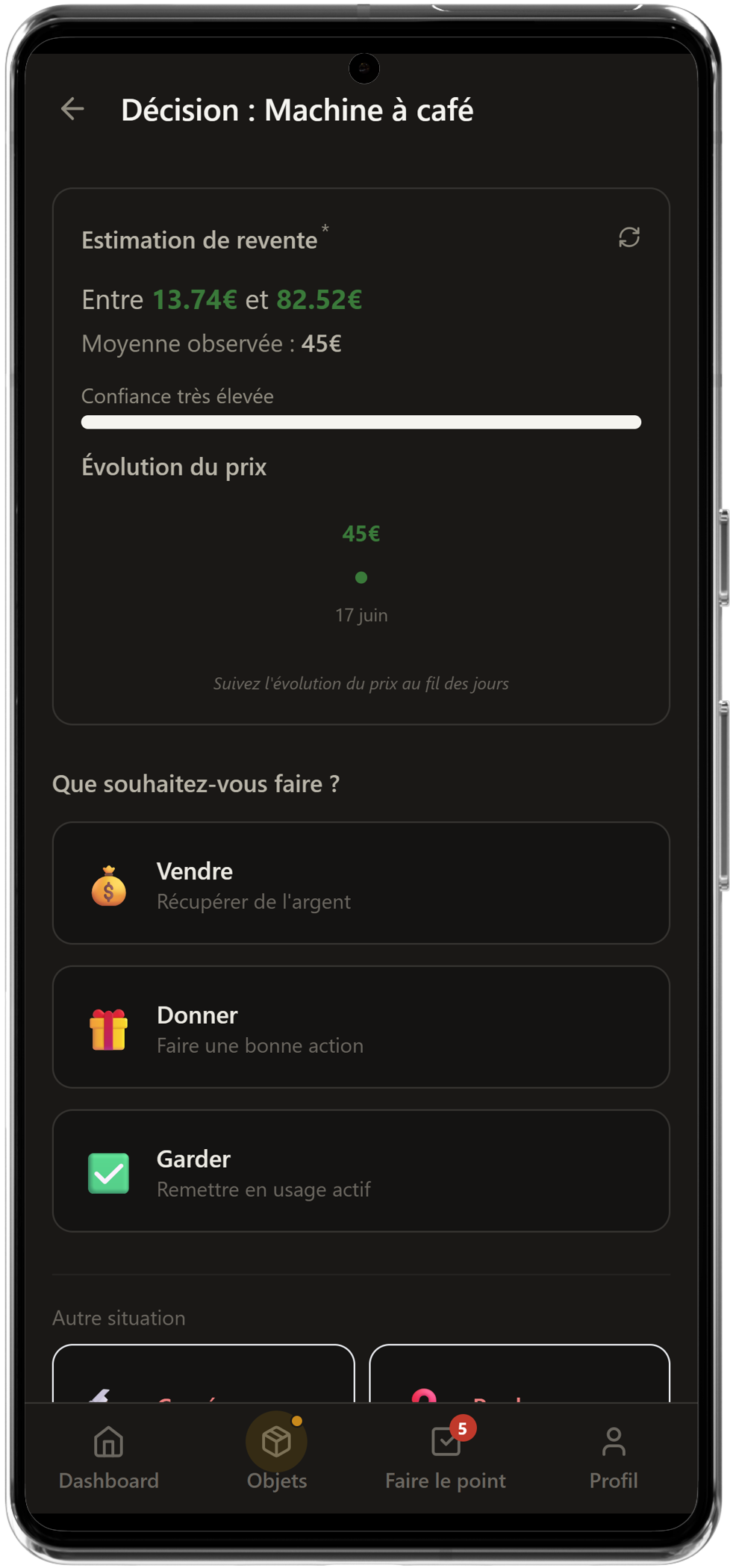 Page de décision avec estimation et choix vendre, donner, garder
