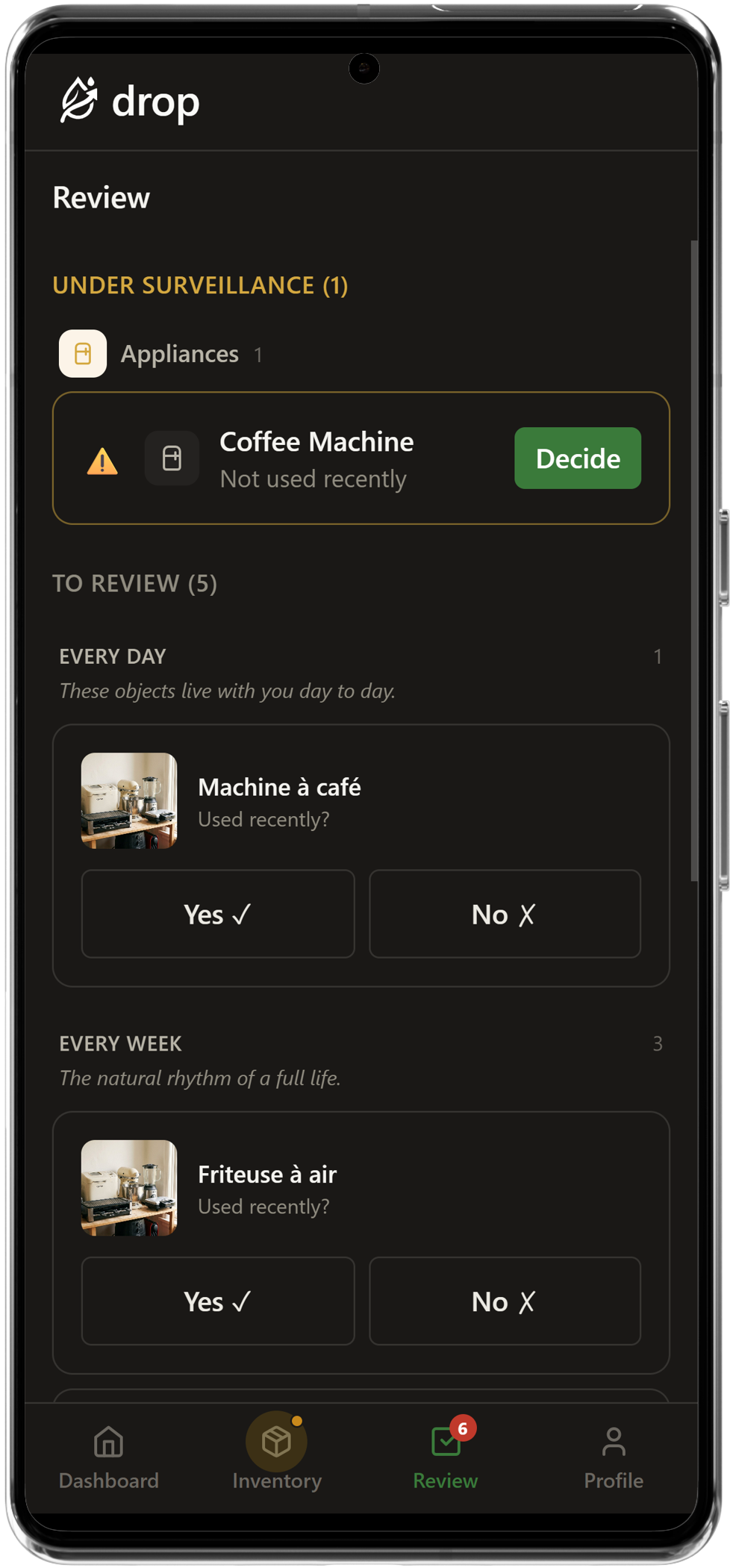 Check-in screen with items under watch